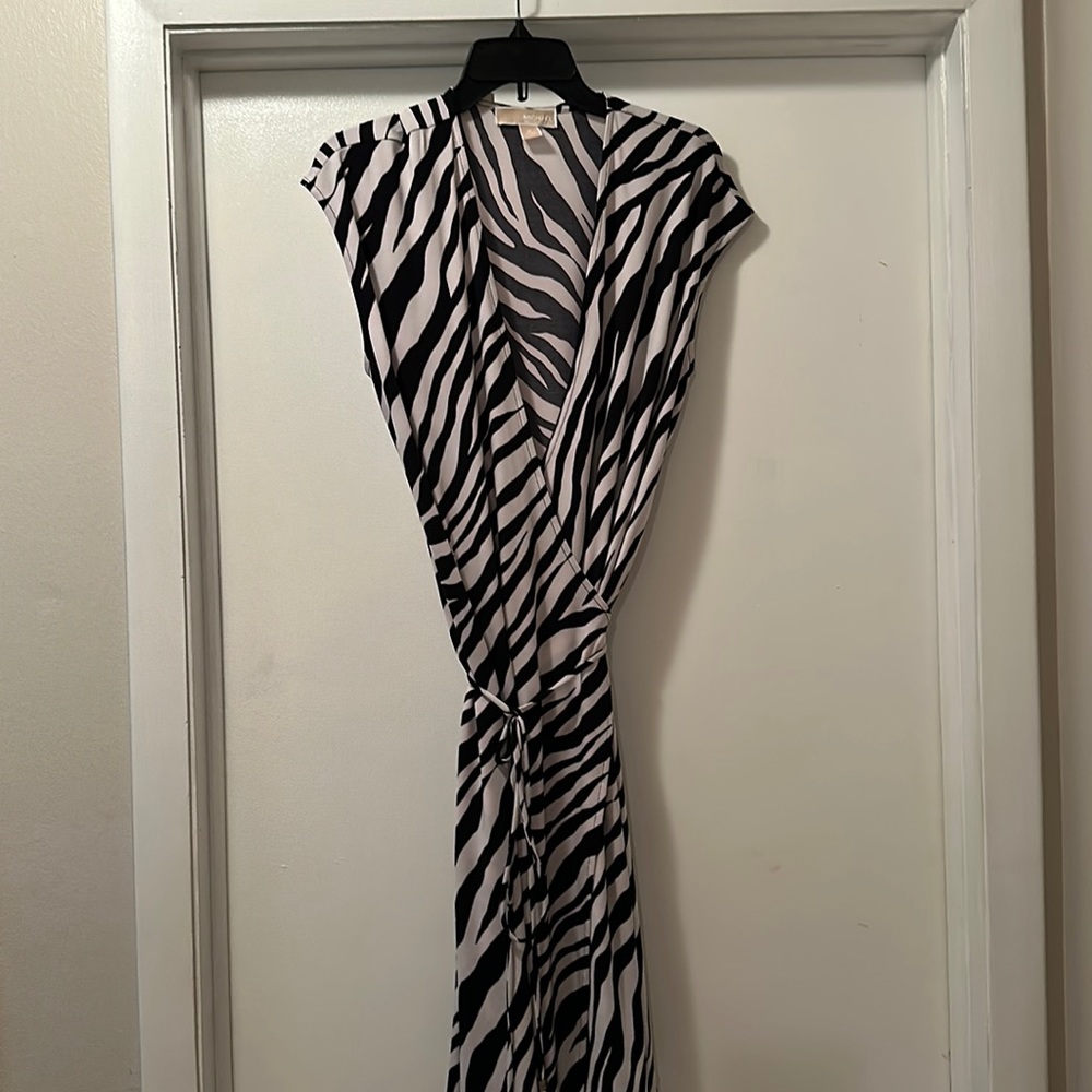Michael Kors Sleeveless black and white zebra striped wrap dress